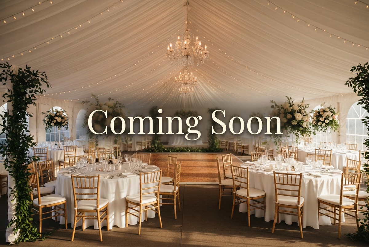 40x80 frame tent with Coming Soon lettering